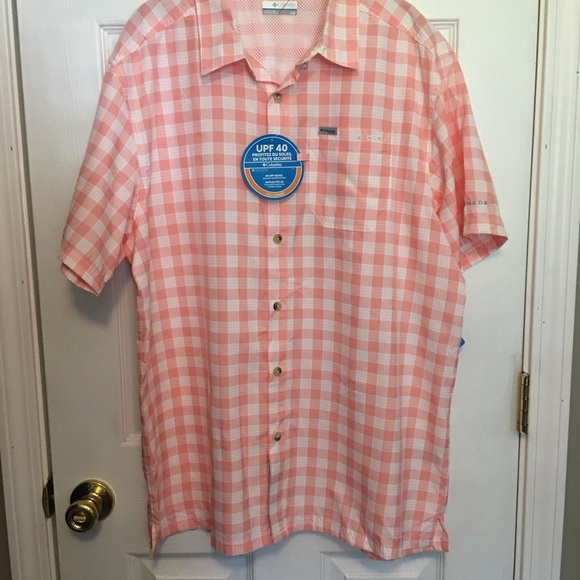 Columbia NWT Lg Men's Omni- Shade Pink Checkered PFG Shirt - Picture 1 of 9
